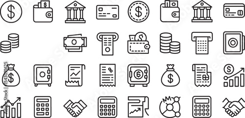Blackand White Line Art Collection Financial Icons Money Wallet Bank Credit Cards Coins Safe Calculator Graph