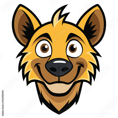 Cheerful cartoon hyena face shows a big toothy smile, framed against a white background