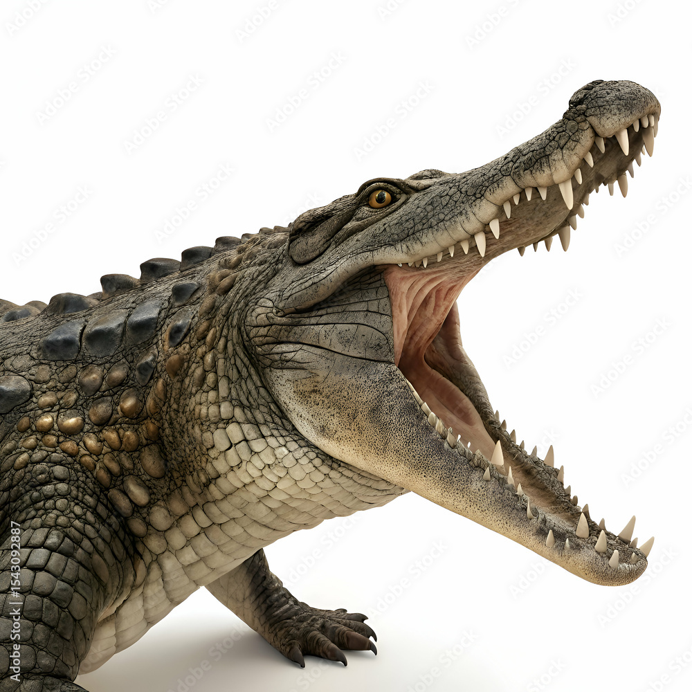 Obraz premium crocodile with rough scaly skin, powerful tail, and open jaws displaying sharp teeth captured in full body pose isolated on white background