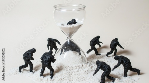 A group of black figurines are digging in a pile of white sand, with a large hourglass in the background.