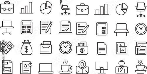 Thirty Six Black Line Business Office Icons Set Briefcase Graph Pie Chart Chair Calculator Documents Laptop