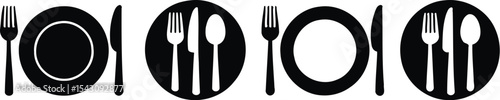 Table setting icons with fork plate knife and spoon in black and white
