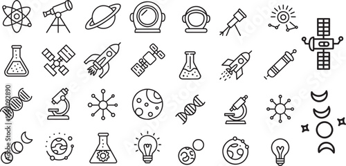 Thirty Six Minimalist Black Line Science Space Icons Astronomy Rocket Microscope D N A Earth Moon Satellite