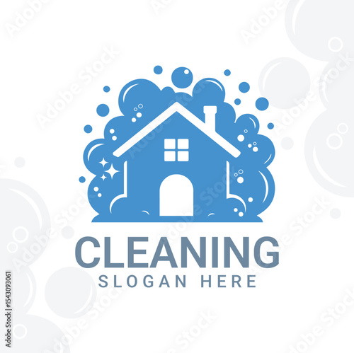 Cleaning Service Logo with a House Surrounded by Bubbles
