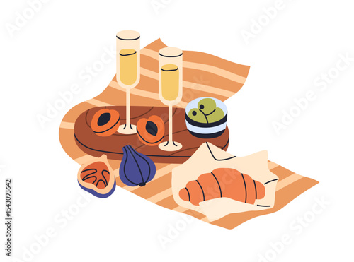 Picnic food with alcohol drink and food, snacks. Outdoor eating with champagn...