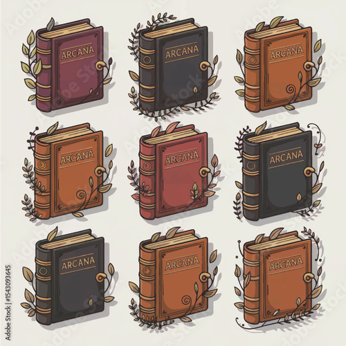 Nine hand-drawn arcana books with floral accents on a transparent background