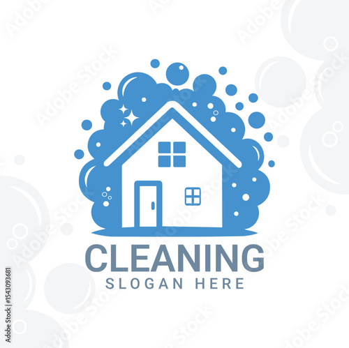 Cleaning Service Logo with a House Surrounded by Bubbles