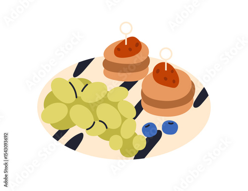 Canape, grapes and blueberry, party snacks plate. Mini pancakes with strawber...