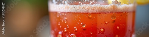 Close-up of refreshing fizzy red beverage with ice and bubbles