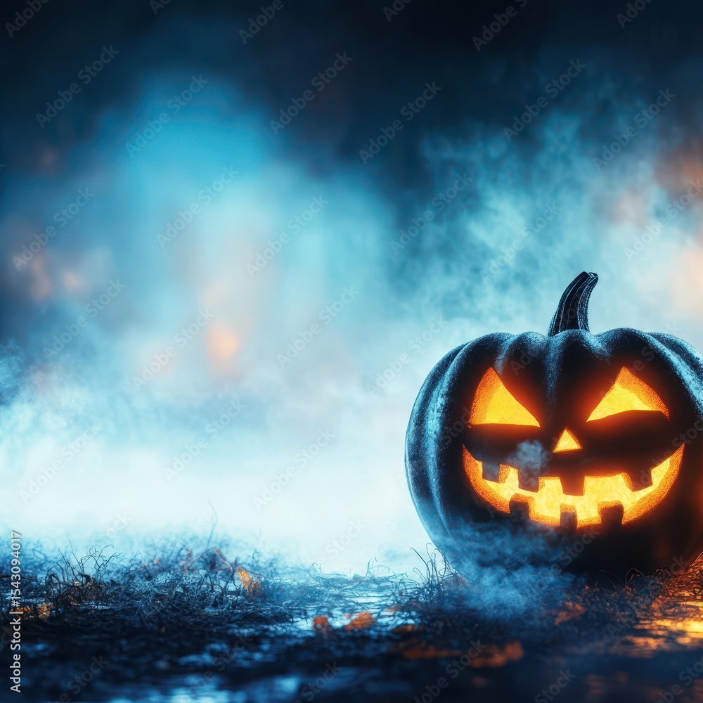 Naklejka premium Jack-o'-Lantern: A haunting Jack-o'-Lantern glowing ominously against a backdrop of swirling fog, creating a chilling atmosphere, the essence of the spooky season, perfect for Halloween themes.
