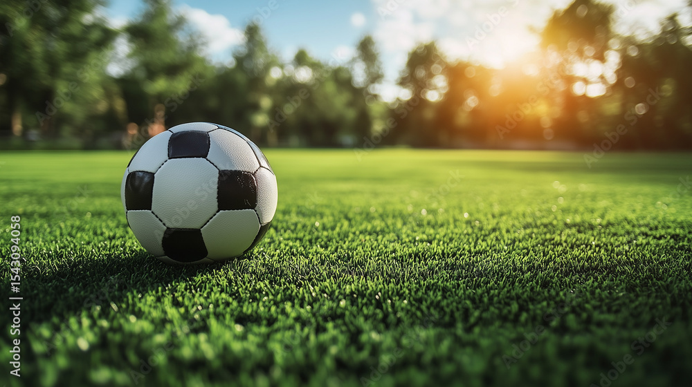 Fototapeta premium Soccer ball on grass field with copy space.