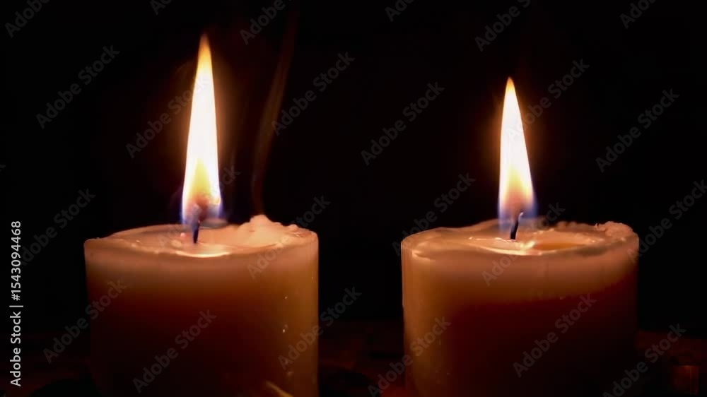 Animated scene of two lit candles glowing in the darkness.
Animated scene of two lit candles glowing in the darkness.