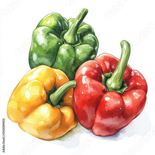 watercolor illustration style, bell peppers, isolated white background