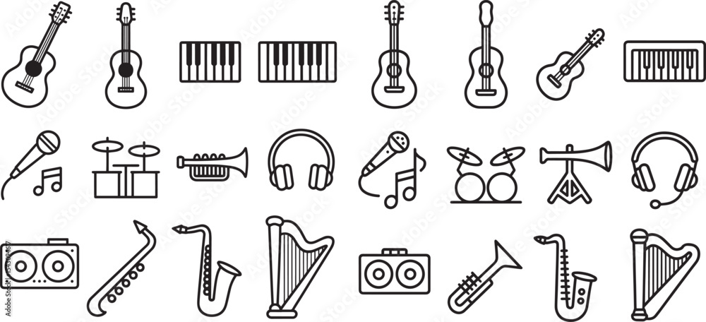 Obraz premium Twelve Black Line Art Musical Instrument Icons Set Guitars Keyboards Drums Microphones Headphones Saxophones Harp