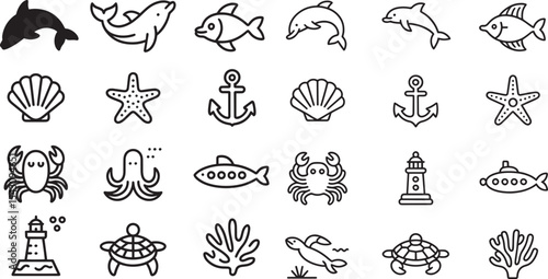 Twelve Black Line Art Icons Depicting Marine Life Sea Creatures Shells Anchors and Lighthouses dolphin