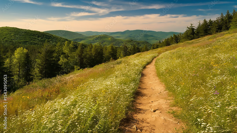 Fototapeta premium Hiking trail landscape scenic mountain view summer meadow forest nature outdoor
