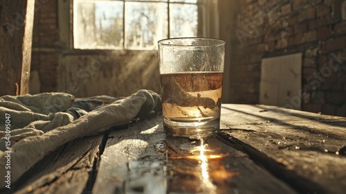 A glass of water sits on a wooden table in a sunlit room.