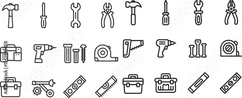 Twelve Black Line Icons Depicting Various Hand Tools and Equipment Including Hammers Screwdrivers Wrenches