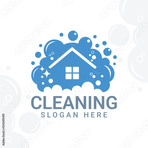 Cleaning Service Logo with a House Surrounded by Bubbles