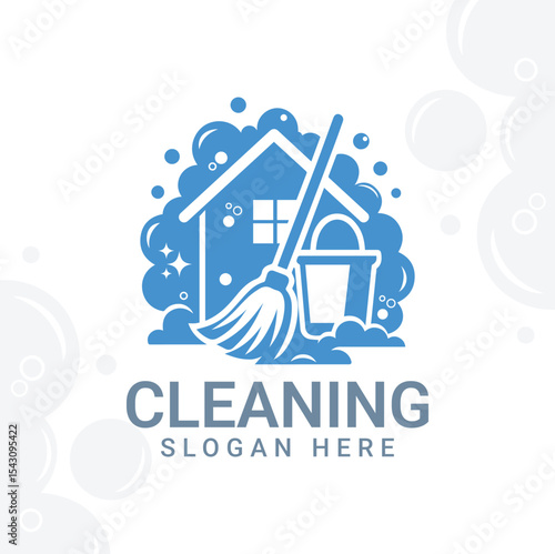 Cleaning Service Logo with a House Surrounded by Bubbles