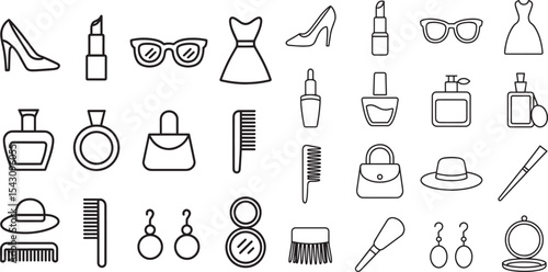 Twelve Black Outline Vector Icons Fashion Accessories Beauty Products Women Items