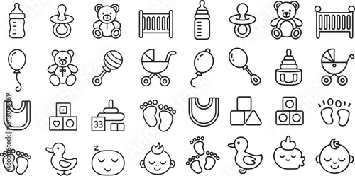Twelve Cute Clean Line Art Baby Icons Set Black White Baby Bottle Pacifier Teddy Bear Crib Stroller Blocks