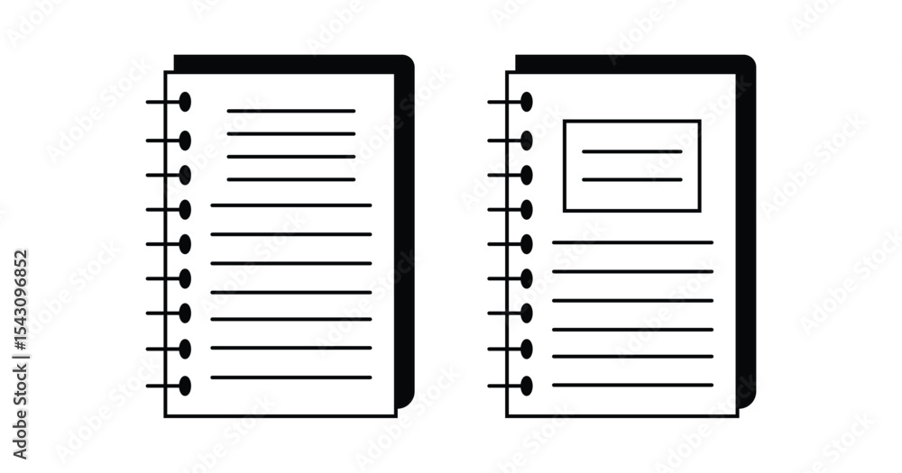 Simple outline icons of spiral-bound notebooks, one with full lines and one with a title box. Ideal for education, note-taking, school, and office supplies. Simple outline icons of spiral-bound notebooks, one with full lines and one with a title box. Ideal for education, note-taking, school, and office supplies.