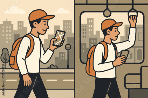 City Adventure Navigation. Urban exploration. Vector illustration of tourist navigating city streets, using smartphone GPS, and