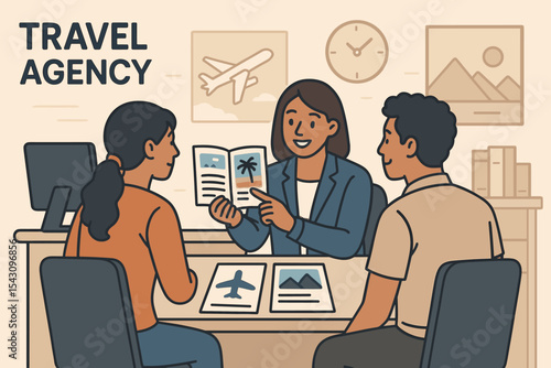 Travel Agency Showcase. Travel agency banner. Vector illustration of travel consultant showing brochures, flight options, and trip