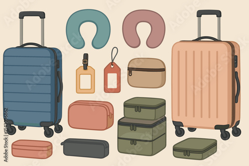 Travel Essentials. Luggage and accessories. Vector illustration of rolling suitcases, travel pillows, toiletry bags, tags, and