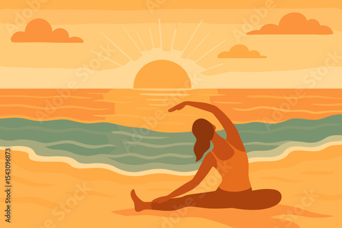 Sunrise Beach Yoga. Vector illustration of sunrise yoga at the beach with calming waves, peaceful figure stretching, and warm