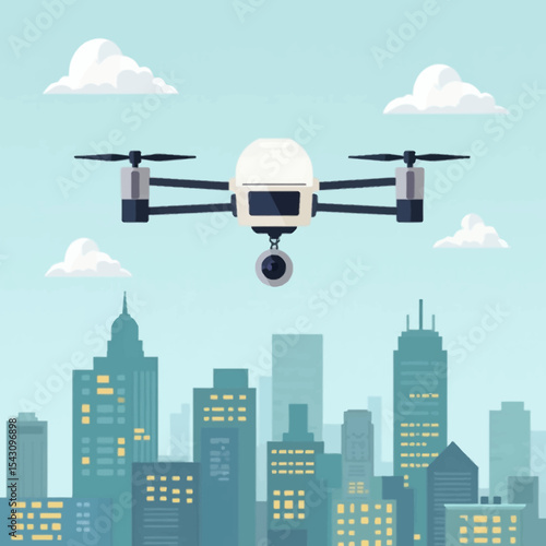 A drone flies above a cityscape with buildings and fluffy clouds.