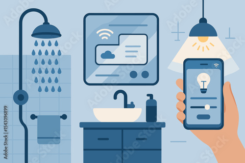 Smart Bathroom Innovation. Vector illustration of smart bathroom setup with water-saving shower, smart mirror, and app-controlled