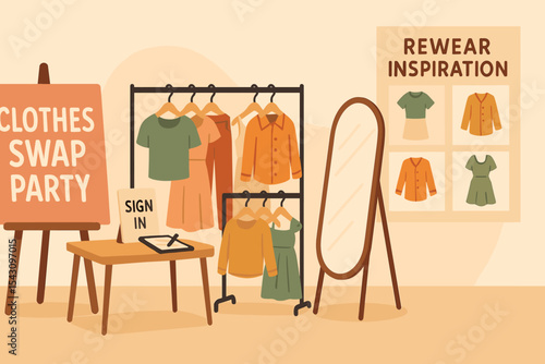 Clothing Swap Event Setup. Vector illustration of clothes swap party setup with sign-in station, item racks, mirrors, and rewear
