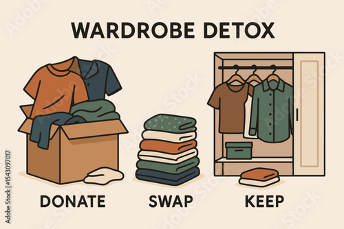 Wardrobe Cleanup Scene. Wardrobe detox — Vector illustration of clothing donation pile, swap event, and minimal “keep” stack with