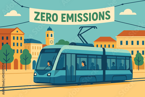 Next-Gen Eco-Friendly Tram. Illustration in vector format of next-gen tram gliding through central square with zero emissions