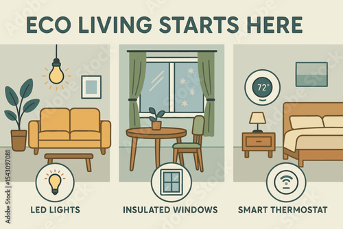 Eco-Friendly Home Tips. Eco living starts here — Vector illustration of room-by-room energy saving tips with LED lights, insulated