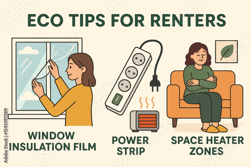 Eco Tips for Renters. Vector illustration of eco tips for renters including window insulation film, power strip usage, and space