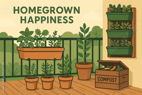 Balcony Garden Bliss. Homegrown happiness — Vector illustration of balcony garden with herbs, vertical planter, and DIY compost