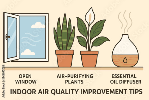 Indoor Air Quality Tips. Vector illustration of indoor air quality improvement tips: open window, air-purifying plants, and