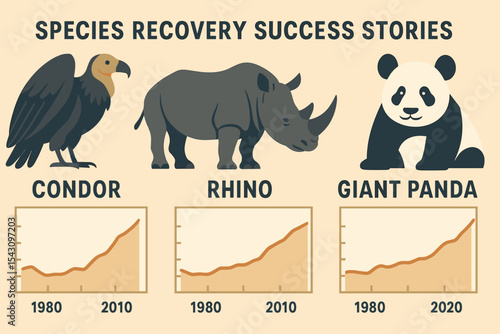 Wildlife Comeback Stories. Vector illustration of species recovery success stories: condor, rhino, and giant panda with