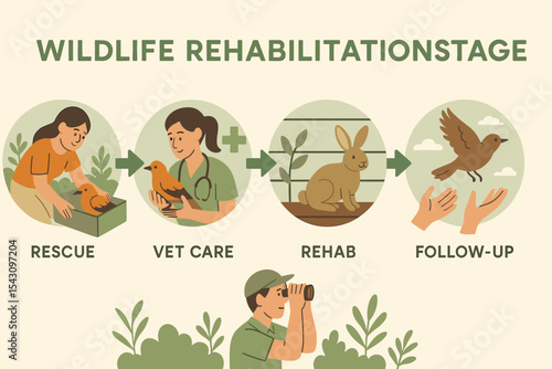 Wildlife Rehab Process. Vector illustration of wildlife rehab infographic showing stages: rescue, vet care, rehab, release, follow
