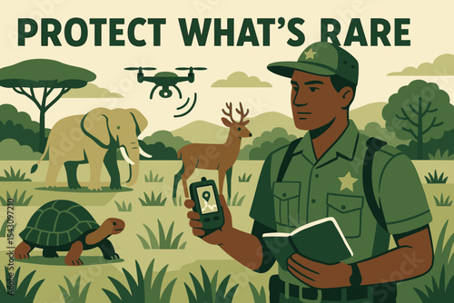 Wildlife Ranger Patrol. Protect what’s rare — Vector illustration of wildlife ranger patrolling protected area with GPS tracker,