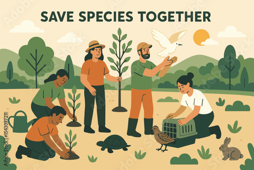 Community Rewilding Initiative. Save species together — Vector illustration of community rewilding effort with volunteers planting