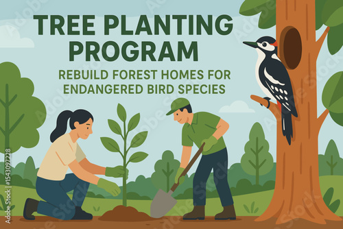 Endangered Bird Reforestation. Vector illustration of tree planting program designed to rebuild forest homes for specific