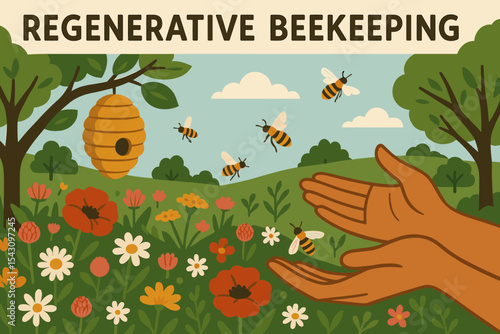 Regenerative Beekeeping Scene. Vector illustration of regenerative beekeeping practice with natural hives, flower-rich habitat,