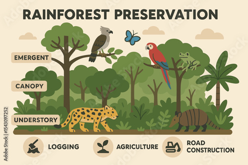 Rainforest Preservation Infographic. Vector illustration of rainforest preservation infographic with layers of canopy, wildlife