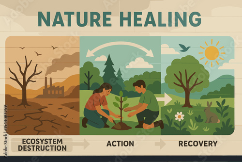 Nature Healing Mural. Vector illustration of “nature healing” timeline mural in a school showing ecosystem destruction, action,