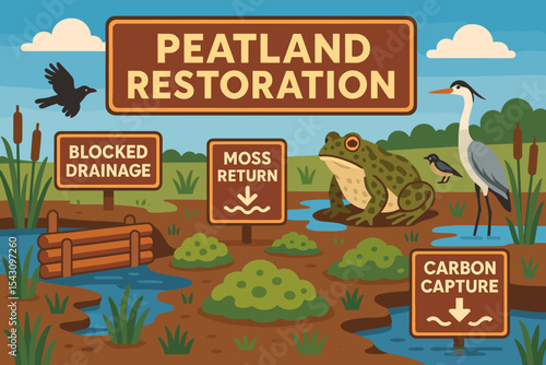 Peatland Restoration Efforts. Vector illustration of peatland restoration project with blocked drainage, moss return, carbon
