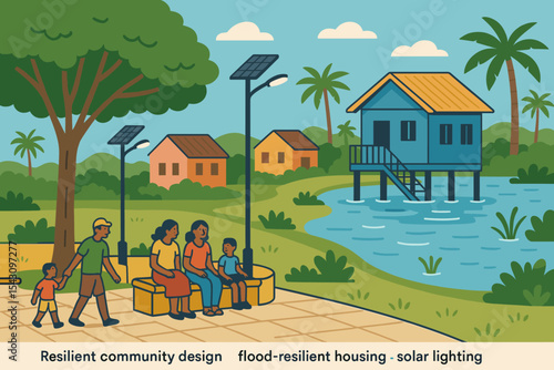 Sustainable Community Design. Vector illustration of resilient community design with shaded public spaces, flood-resilient housing